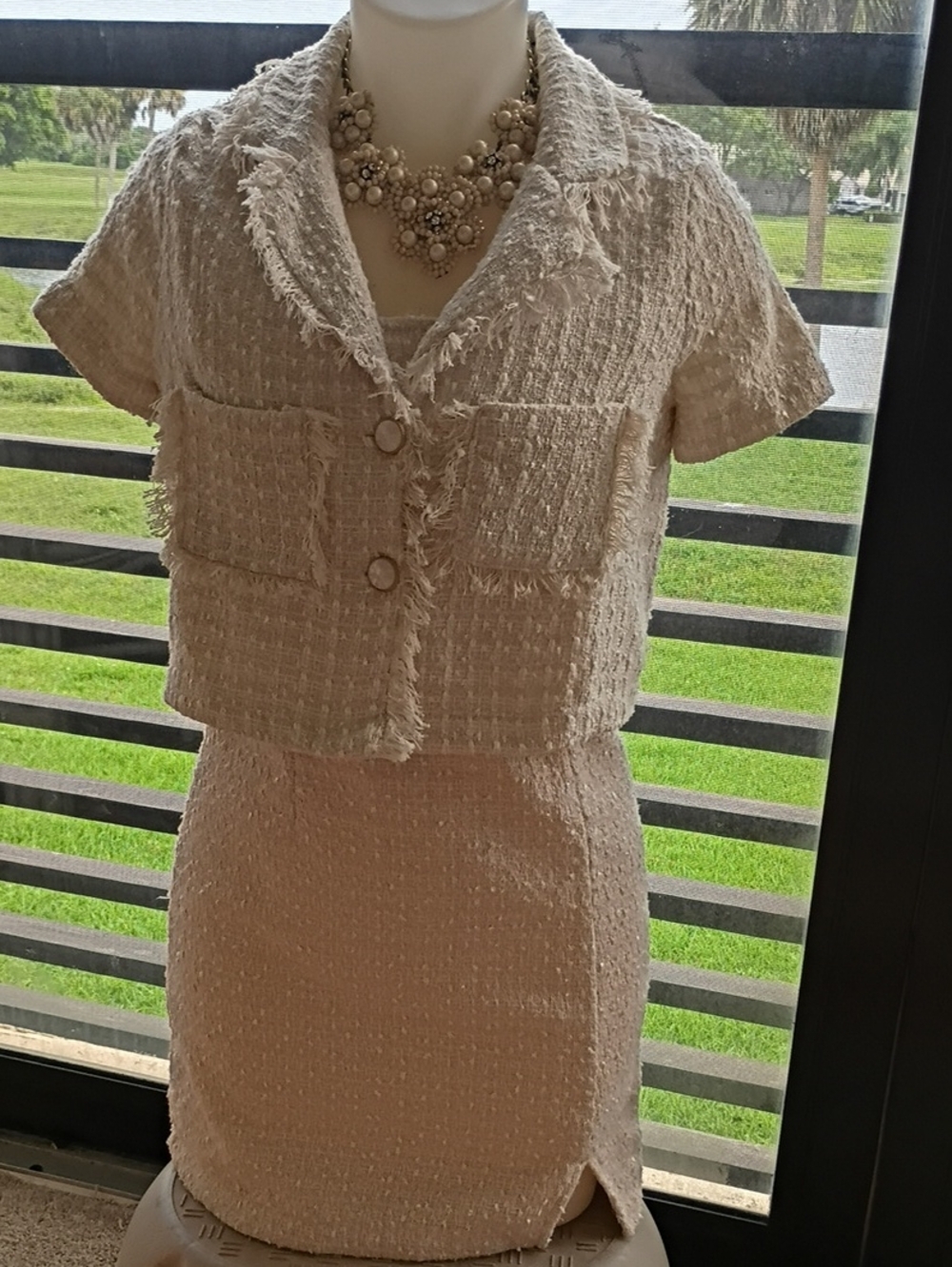 Thirty/Thirty L.A Cream Tweed Short Sleeve Blazer and Skirt Set - Chanel Style